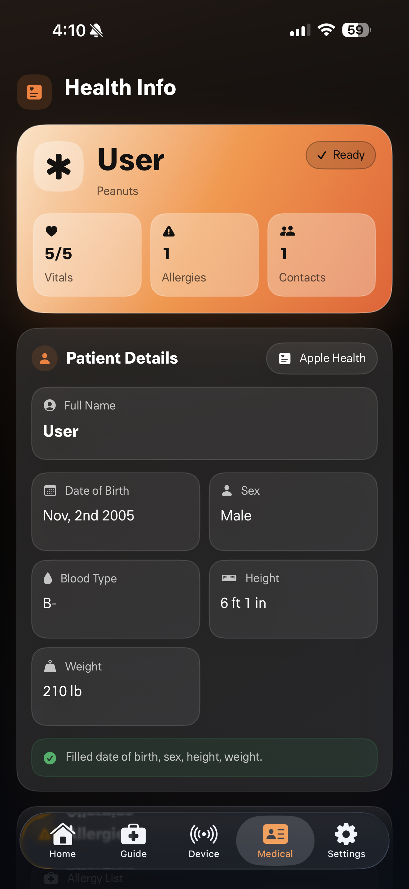 Health info screen